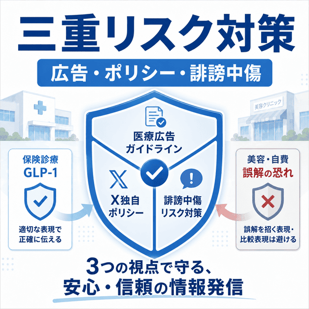 医療広告ガイドライン、X独自ポリシー、誹謗中傷リスクを三重に対策する仕組みを示したイラスト
