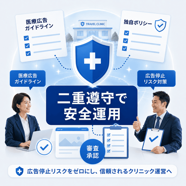 医療広告ガイドラインとMeta独自ポリシーを二重に遵守して安全に広告運用する仕組みを示したイラスト