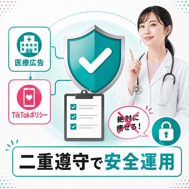 医療広告ガイドラインとTikTokポリシーを二重に確認し、安全に運用する体制を表したイラスト
