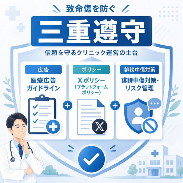 医療広告ガイドライン、Xポリシー、誹謗中傷対策の三重遵守でクリニックの信頼を守るイラスト