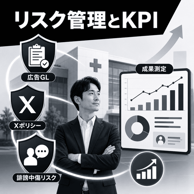 医療広告ガイドライン、Xポリシー、誹謗中傷リスクを管理しながらKPIを測定する様子を表したイラスト