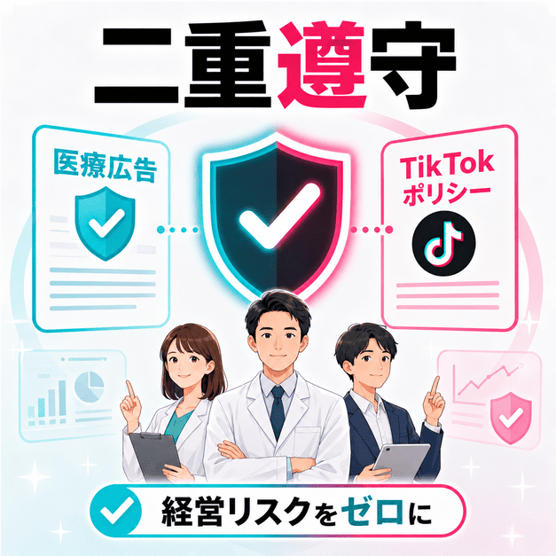 医療広告ガイドラインとTikTokポリシーの二重遵守で運用リスクを防ぐ様子を表したイラスト