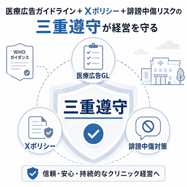 医療広告ガイドライン、Xポリシー、誹謗中傷リスク対策の三重遵守でクリニック経営を守る図解イラスト