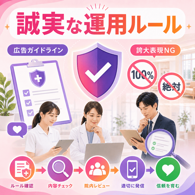 医療広告ガイドラインを確認し、誇大表現を避けて誠実にInstagram運用する様子を示したイラスト