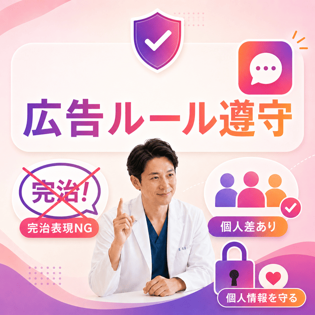 完治表現を避け、個人差の明示と個人情報保護を徹底する医療広告ルール遵守のイラスト