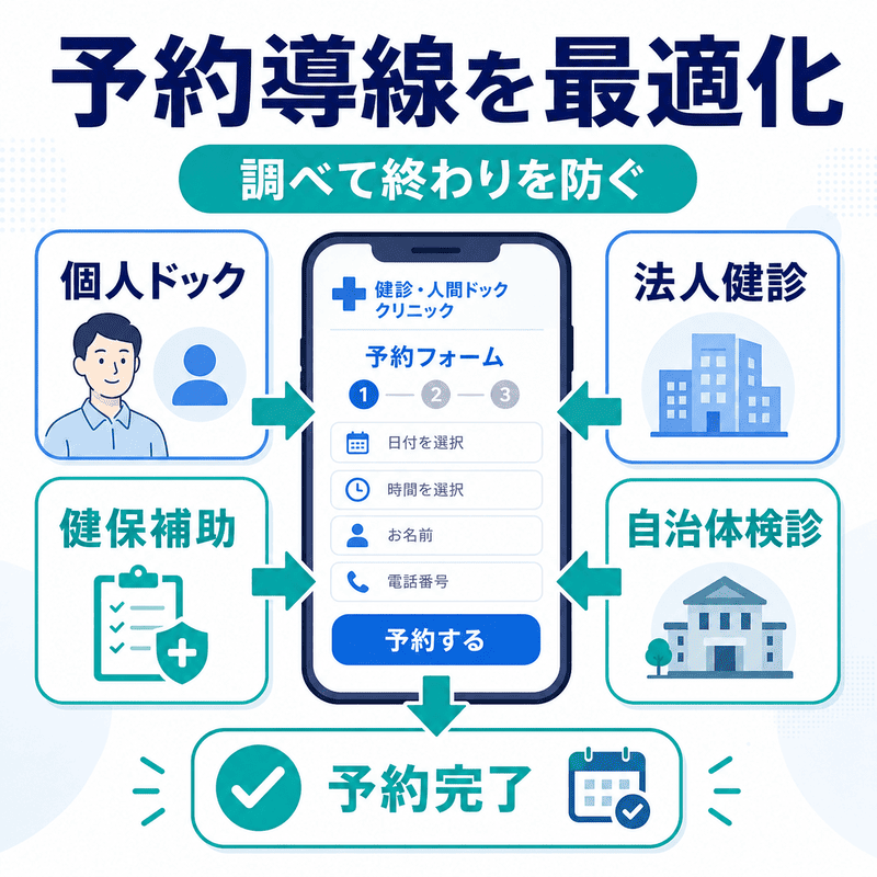 個人ドック、法人健診、健保補助、自治体検診から予約完了までの導線を示した図