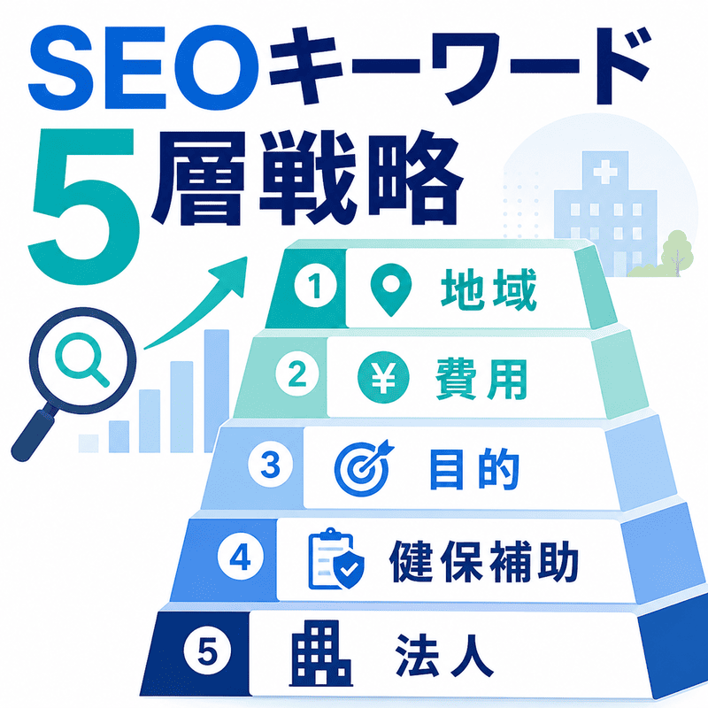健診クリニックのSEOキーワードを地域、費用、目的、健保補助、法人の5層で示した図