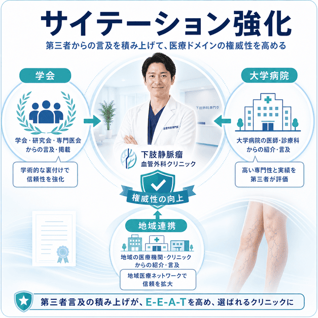 学会、大学病院、地域連携からのサイテーションで医療ドメインの権威性を高める流れを示した図