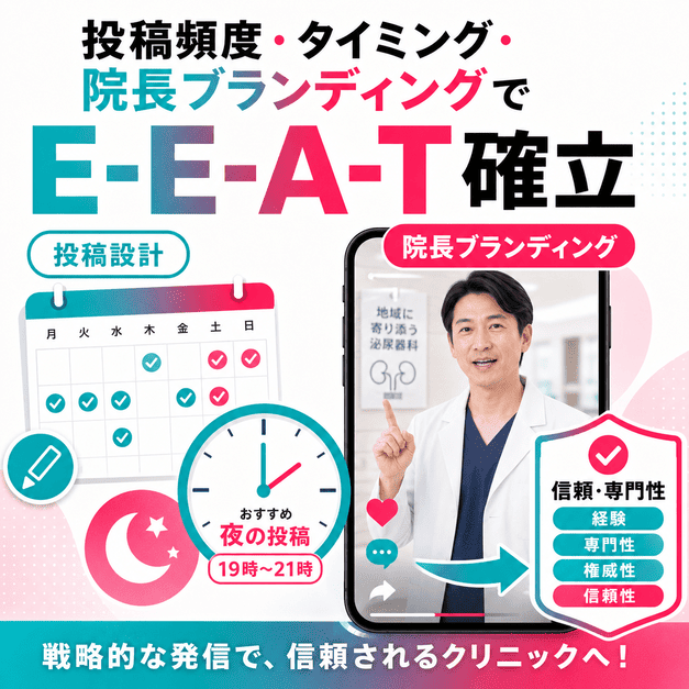 投稿頻度・投稿時間・院長ブランディングによって医療クリニックのE-E-A-Tを高める様子を表したイラスト