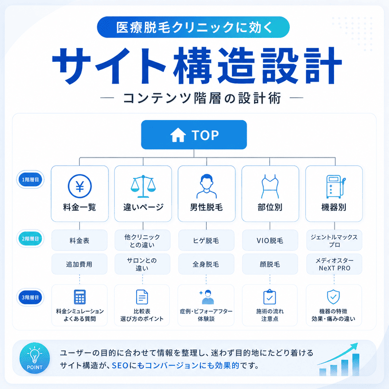 医療脱毛クリニックのサイト構造を、料金一覧・違いページ・男性脱毛・部位別・機器別の階層で整理した図