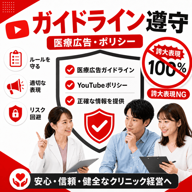 医療広告ガイドラインとYouTubeポリシーを守り誇大表現を避けるクリニック運用のイラスト