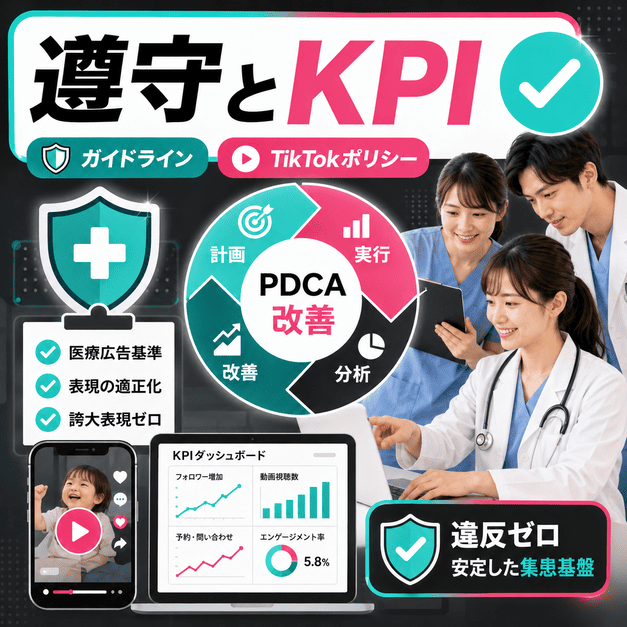 医療広告ガイドライン遵守とKPI設計、PDCA改善を、チェックリストと分析ダッシュボードで表したイラスト