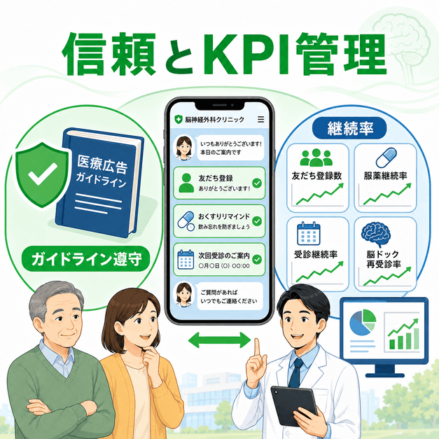医療広告ガイドライン遵守と友だち登録数・服薬継続率・受診継続率などのKPI管理を両立するイラスト