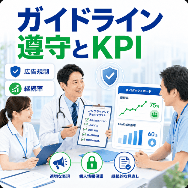 医療広告ガイドラインやLINEポリシーを守りながら、継続率やHbA1c改善率などのKPIを確認するクリニック運用を示したイラスト