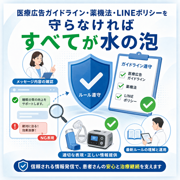 医療広告ガイドライン、薬機法、LINEポリシーを守りながら呼吸器内科の情報発信を行う重要性を示したイラスト