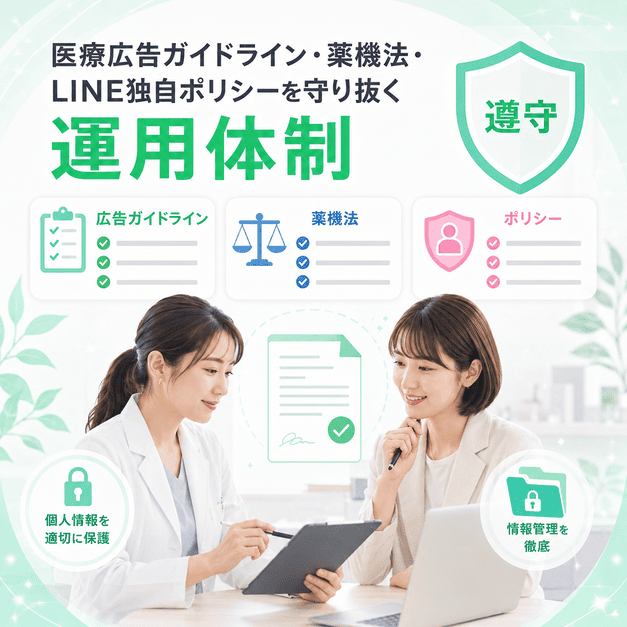 医療広告ガイドライン、薬機法、LINE独自ポリシーを確認しながら安全に運用する体制のイラスト