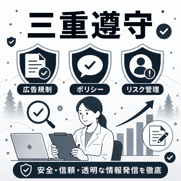 医療広告ガイドライン、Xポリシー、誹謗中傷リスクを三重に確認し安全な情報発信を行うイラスト