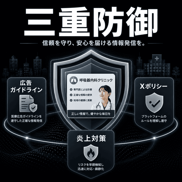 医療広告ガイドライン、Xポリシー、炎上対策の三重防御で安全な情報発信を守る様子