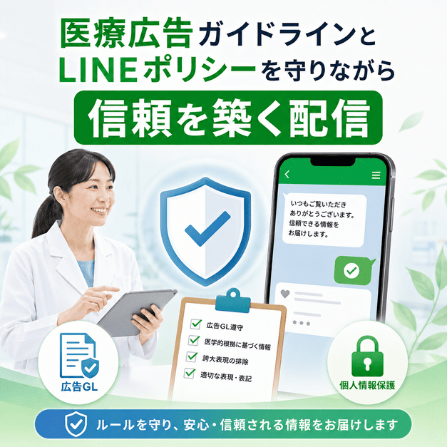 医療広告ガイドラインとLINEポリシーを守りながら信頼される情報配信を行う様子を示したイラスト