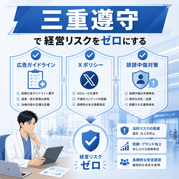 医療広告ガイドライン、Xポリシー、誹謗中傷対策を三重に確認して経営リスクを防ぐ様子を示したイラスト