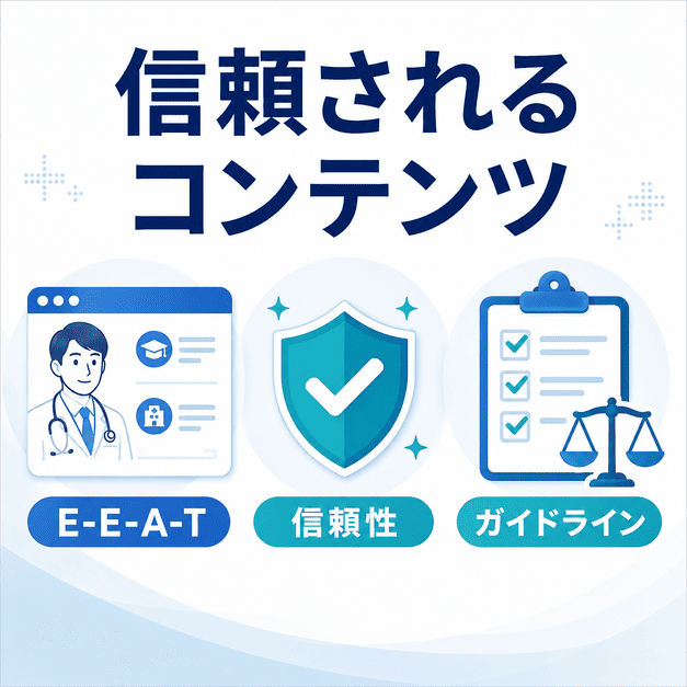 医療広告ガイドラインを守りながらE-E-A-Tと信頼性を高める医療コンテンツ作成を示した画像