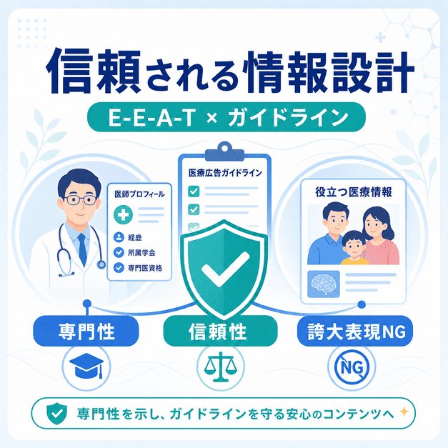 医師プロフィール、医療広告ガイドライン、役立つ医療情報を通じてE-E-A-Tと信頼性を高めるコンテンツ設計を示したイラスト