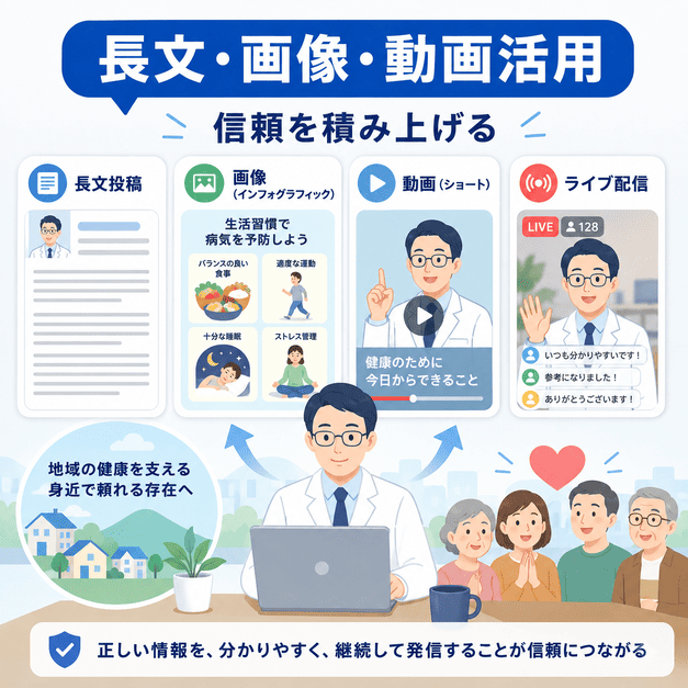 長文投稿、画像、動画、ライブ配信を活用して地域住民の信頼を積み上げる様子を表したイラスト