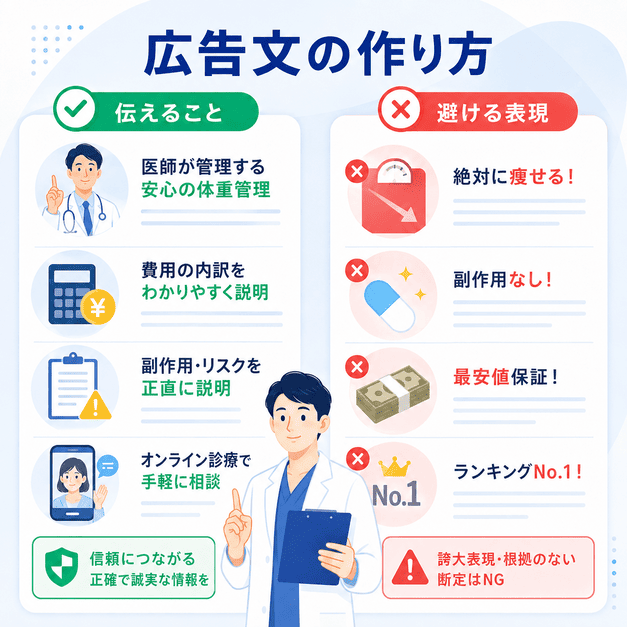 医療ダイエット広告で伝えるべき医師管理・費用説明・副作用説明と、避けるべき誇大表現を比較したイラスト