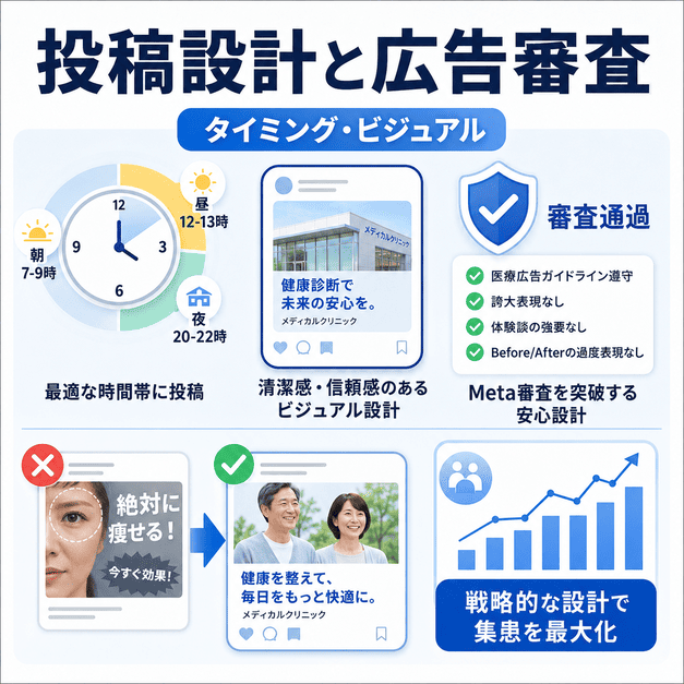 投稿タイミング・ビジュアル設計・広告審査通過のポイントをまとめたイラスト