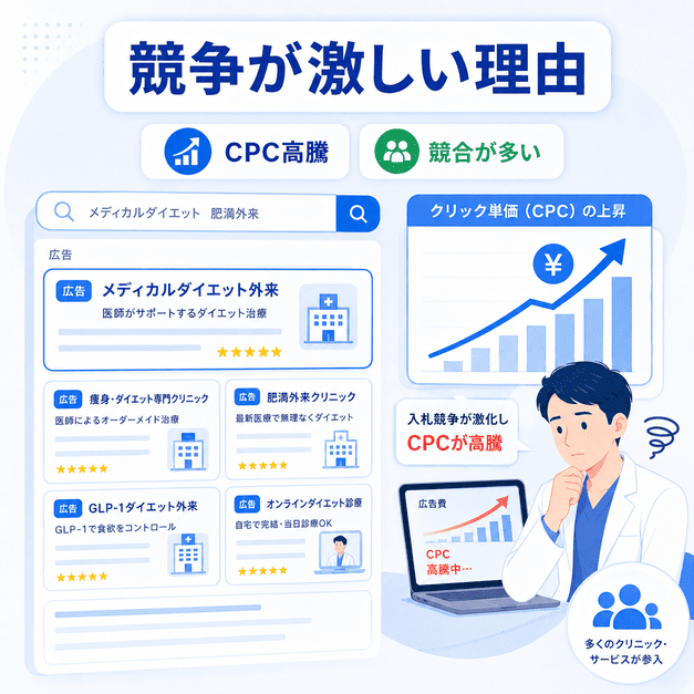 メディカルダイエット・肥満外来の検索広告市場で、CPC高騰や競合増加により広告競争が激しくなっている様子
