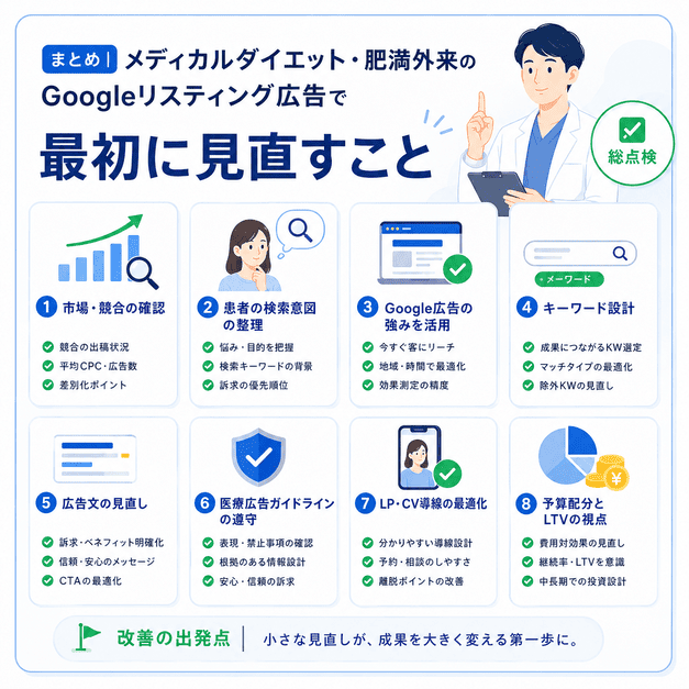 メディカルダイエット・肥満外来のGoogleリスティング広告で最初に見直すべき項目をチェックリスト化したまとめイラスト