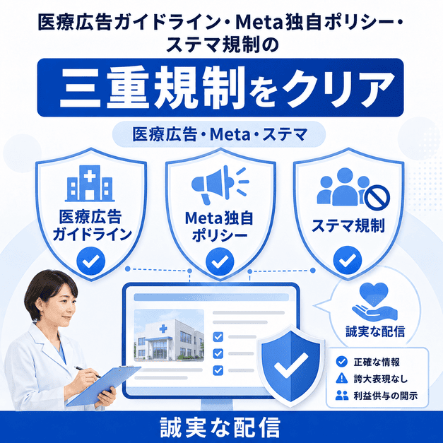 医療広告ガイドライン・Metaポリシー・ステマ規制を守る配信設計のイラスト