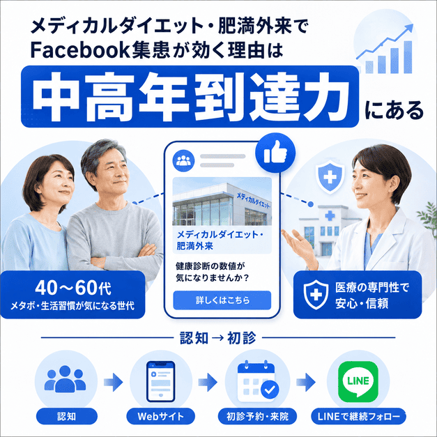 中高年メタボ層へFacebookで効率的に情報を届ける流れを示したイラスト