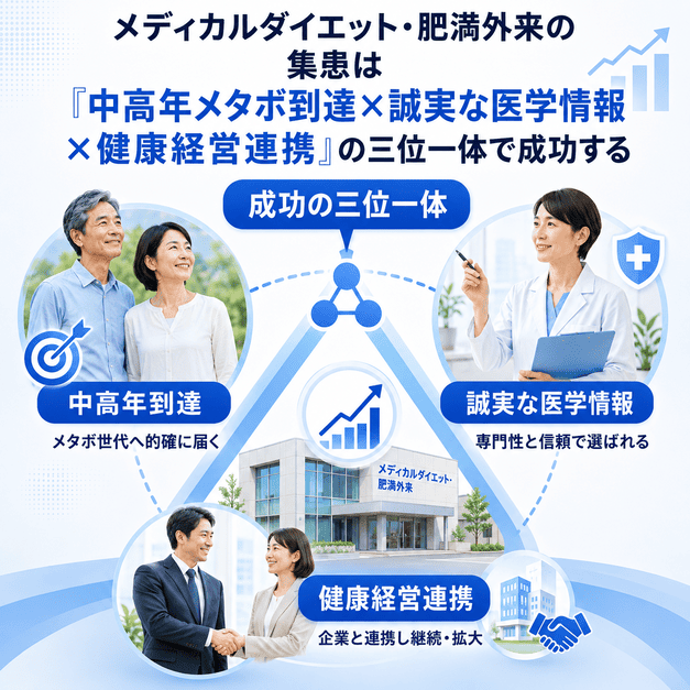 中高年メタボ到達・誠実な医学情報・健康経営連携の三位一体を示したまとめイラスト
