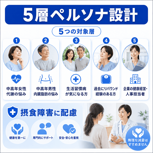 メディカルダイエット集患で重要な5層ペルソナ設計と摂食障害への配慮を示したイラスト