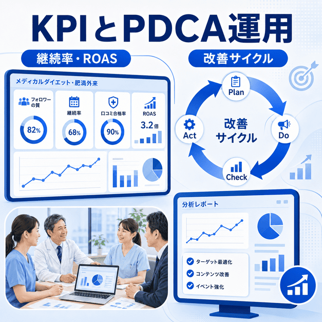 Facebook運用のKPI管理とPDCA改善サイクルを示したダッシュボード風イラスト
