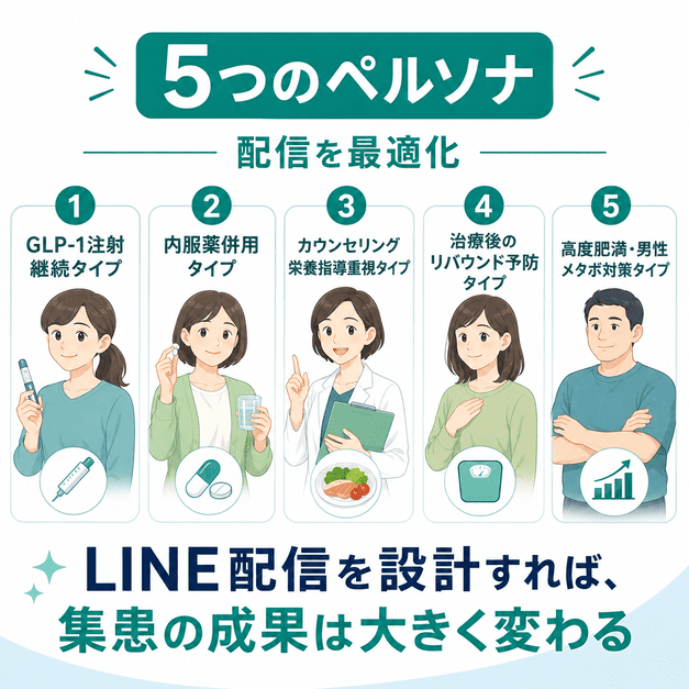 メディカルダイエット患者を5つのペルソナに分け、LINE配信を最適化する考え方を示したイラスト