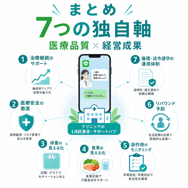 メディカルダイエットLINE集患の7つの独自軸として、治療継続、医療安全、記録管理、副作用対応、リバウンド予防、倫理遵守を整理したイラスト