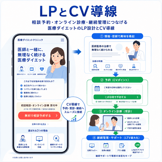 医療ダイエットのLPから相談予約・オンライン診療・継続管理へつなげるCV導線を示したイラスト
