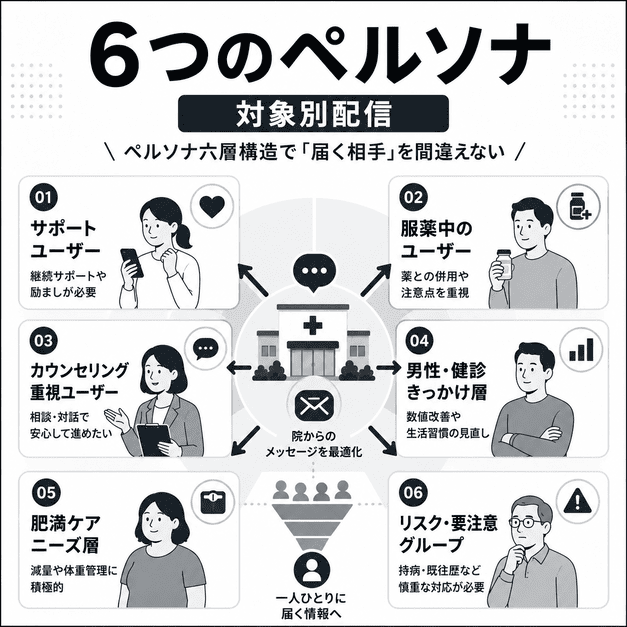メディカルダイエットの見込み患者を六つのペルソナに分けて適切な情報を届けるイラスト
