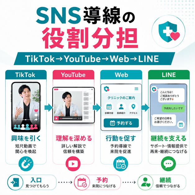 TikTokからYouTube、Webサイト、LINEへつなげるSNS導線の役割分担を示したイラスト