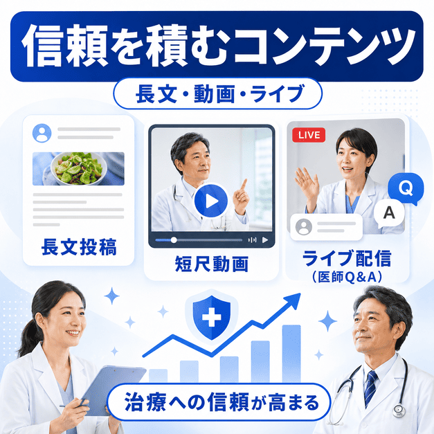長文投稿・動画・ライブ配信で肥満治療への信頼を高めるコンテンツ戦略のイラスト