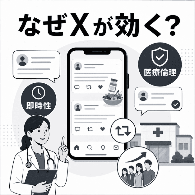 メディカルダイエット・肥満外来クリニックでXが即時性や医療倫理の発信に役立つことを示すイラスト