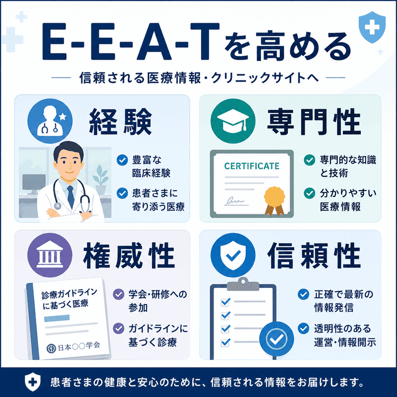 経験・専門性・権威性・信頼性を高め、耳鼻咽喉科クリニックサイトの信頼性を強化する考え方を示した図