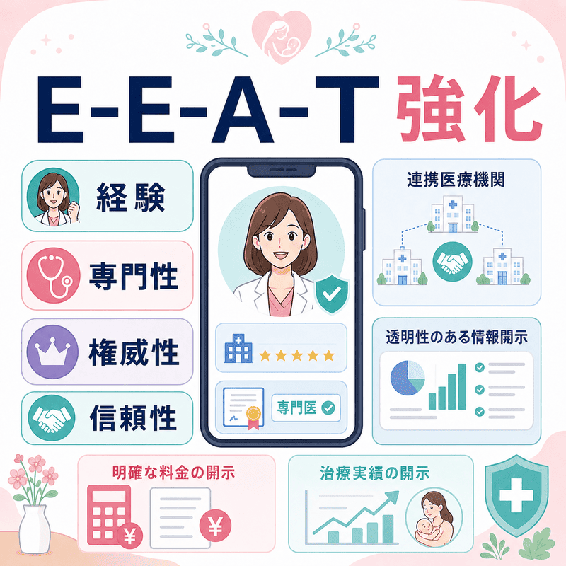産婦人科サイトのE-E-A-T強化に必要な経験、専門性、権威性、信頼性を示した医療SEOの図