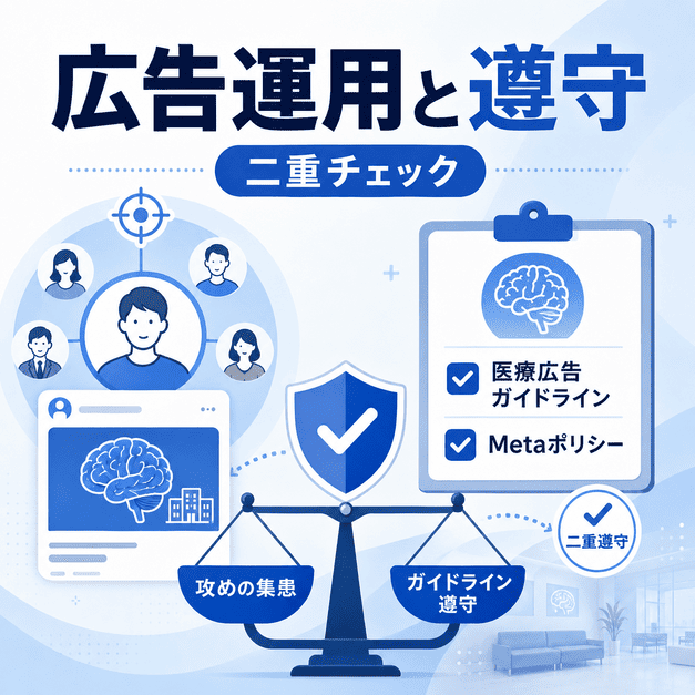 脳神経外科のFacebook広告運用で医療広告ガイドラインとMetaポリシーを遵守するイメージ