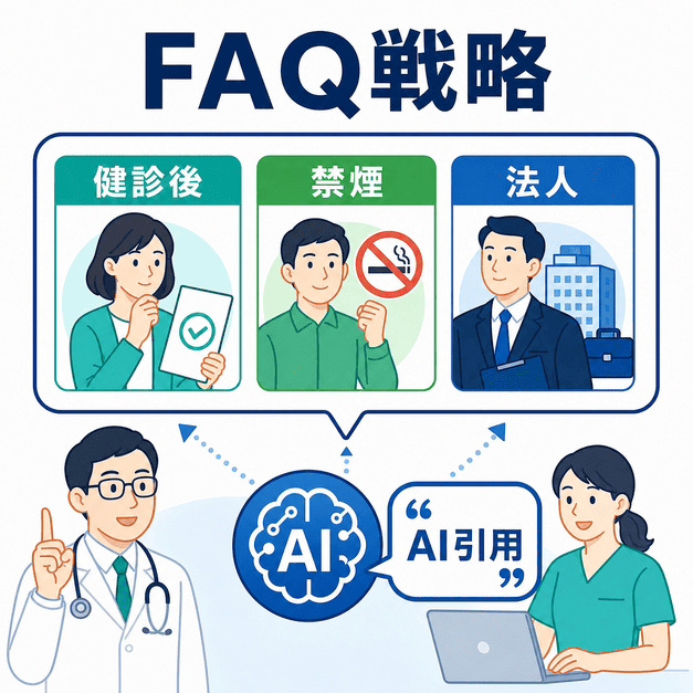 健診後・禁煙・法人向けFAQを整備し、AI回答で引用される一次情報発信を目指す流れを示す図