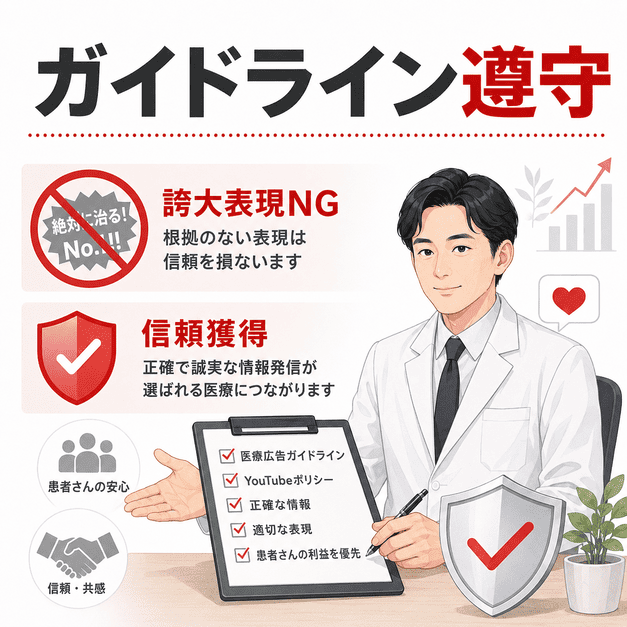 医療広告ガイドラインやYouTubeポリシーを守り、誇大表現を避けて信頼を得る医師のチェック体制を表したイラスト