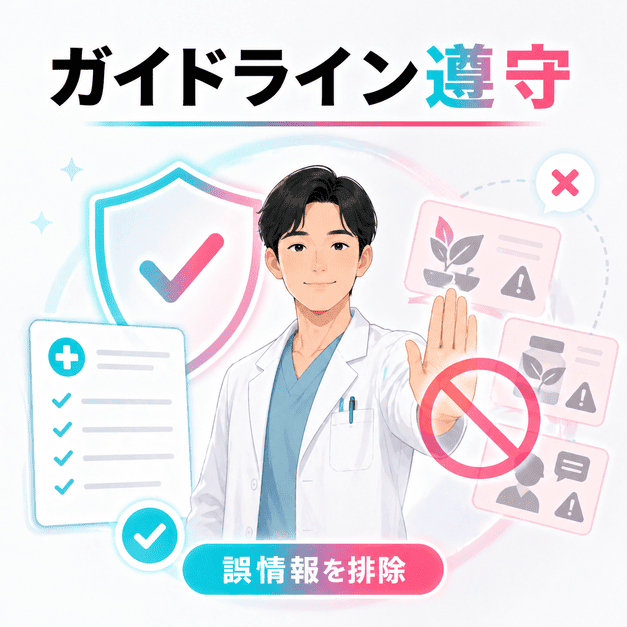 医療広告ガイドラインを守り、代替療法や誤情報を排除する医師とチェック体制を表したイラスト