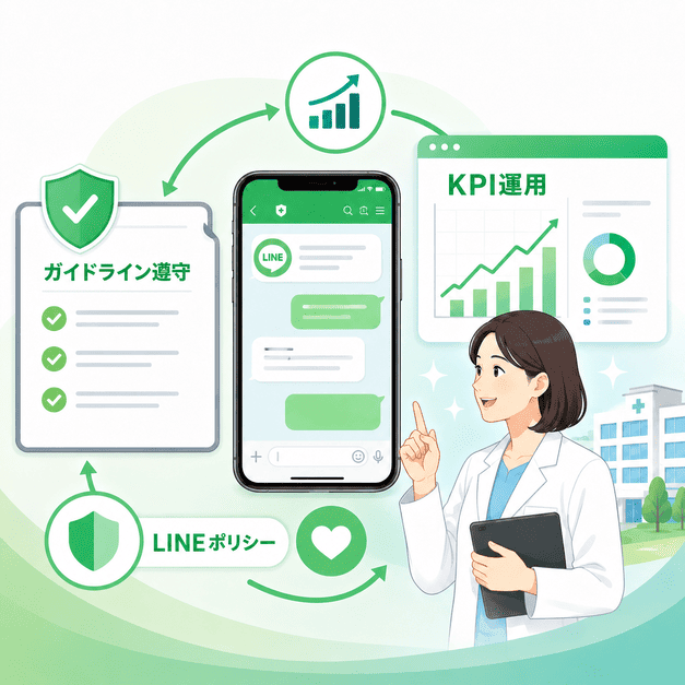 医療広告ガイドラインとLINEポリシーを守りながらKPIを確認して運用改善するイメージ